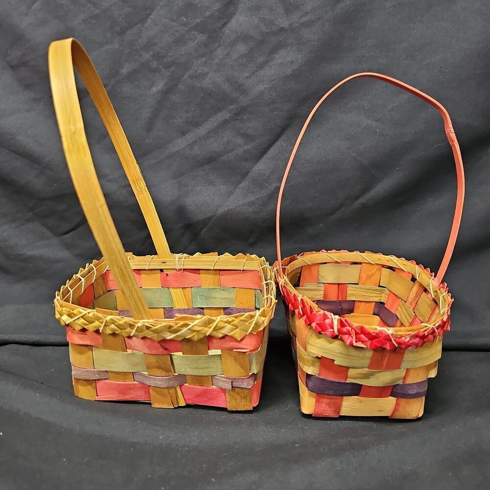 Vintage Easter Decorations Woven Gathering Baskets Wicker Rattan Ribbon